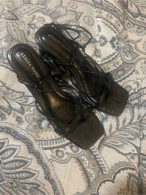 Azalea Wang Black Lace-Up Sculptural Heel Sandals, size 8